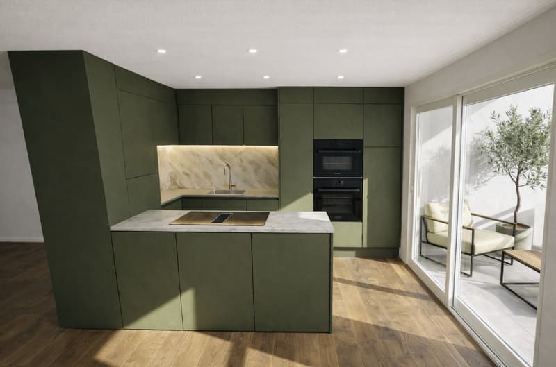 modern kitchen with green cabinets, marble countertop, induction cooktop, double oven, sink, wooden floor, glass doors leading to a patio with a tree
