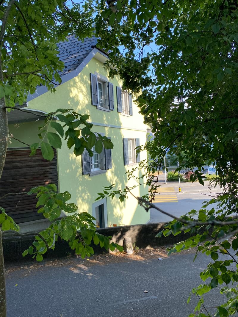 2 story house, yellow exterior, gray roof, wooden garage, multiple windows, located on a street