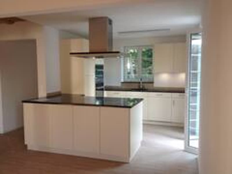 modern kitchen with island, white cabinets, black countertops, stainless steel appliances, wooden floor