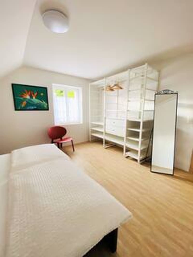Bedroom with wooden floor, white walls, bed, chair, closet, mirror, painting