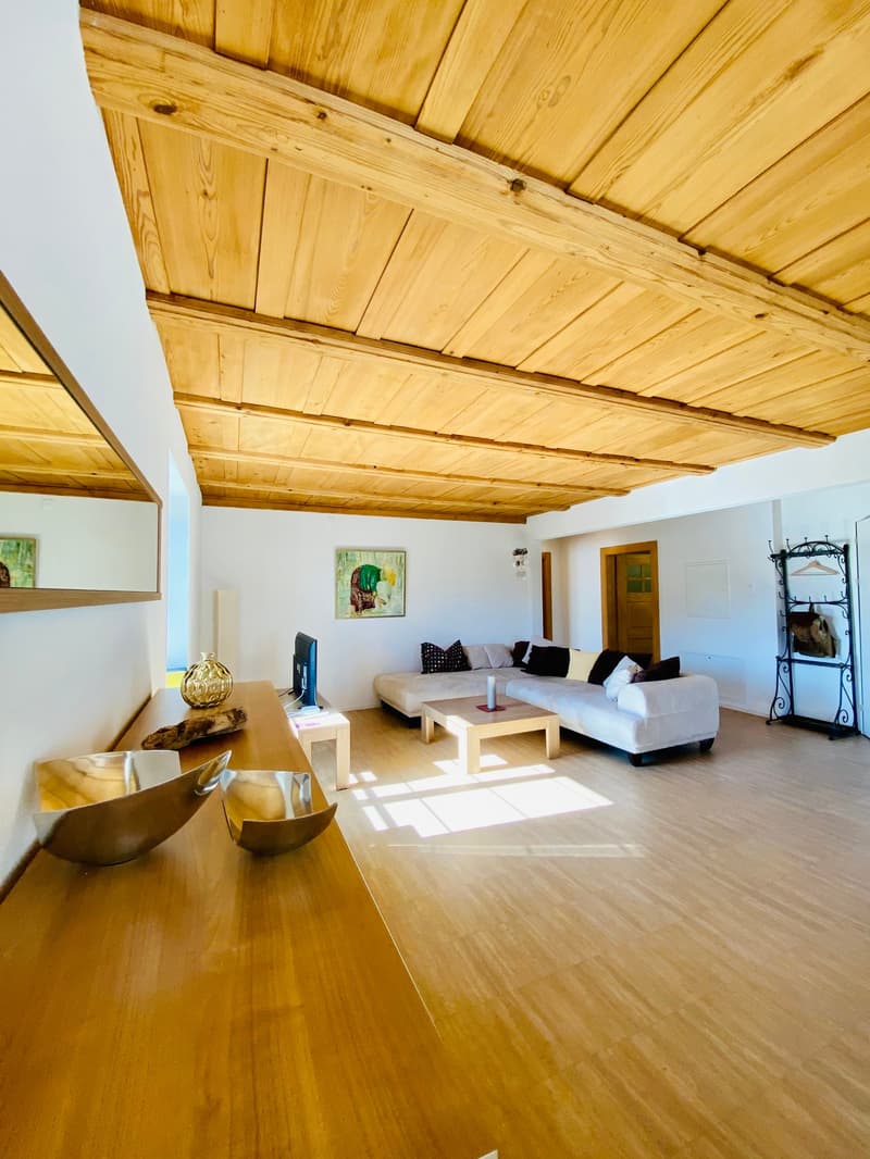 Living room with wooden ceiling, white walls, wooden floor, large sofa, coffee table, TV, mirror, decorative items
