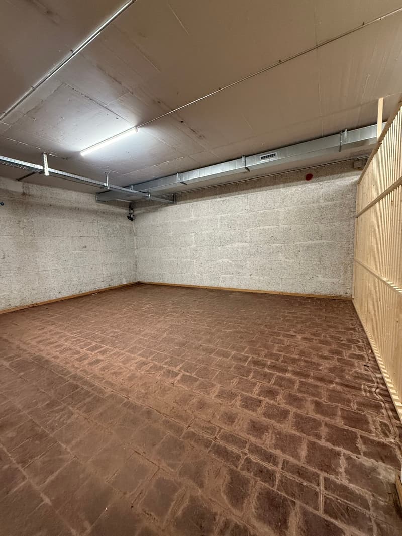 Empty basement room with brick flooring, white walls, and ceiling.