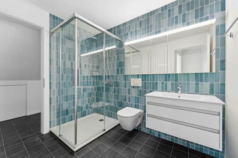 Blue tiles, black tiles, glass shower enclosure, white toilet, white vanity