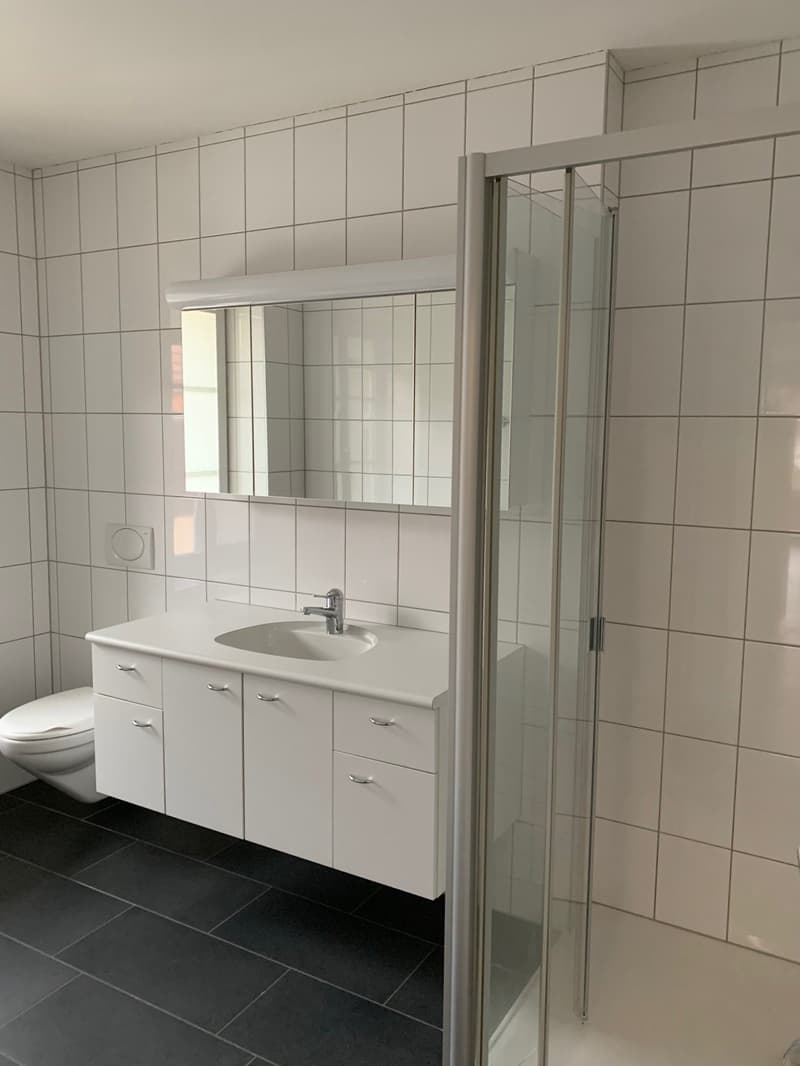 Bathroom: white walls, white tiled floor, white sink, silver faucet, white toilet, shower door, white medicine cabinet