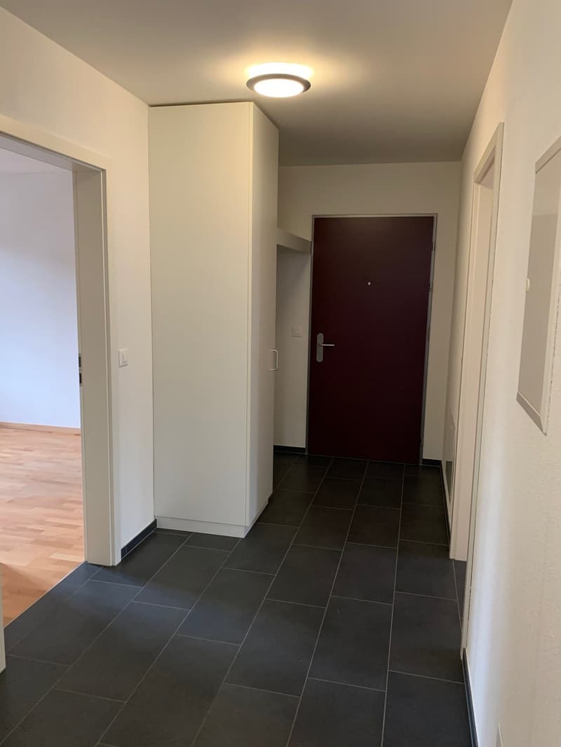 corridor, dark grey tiles, closed doors, closed door with white light above, brown door, open door to another room