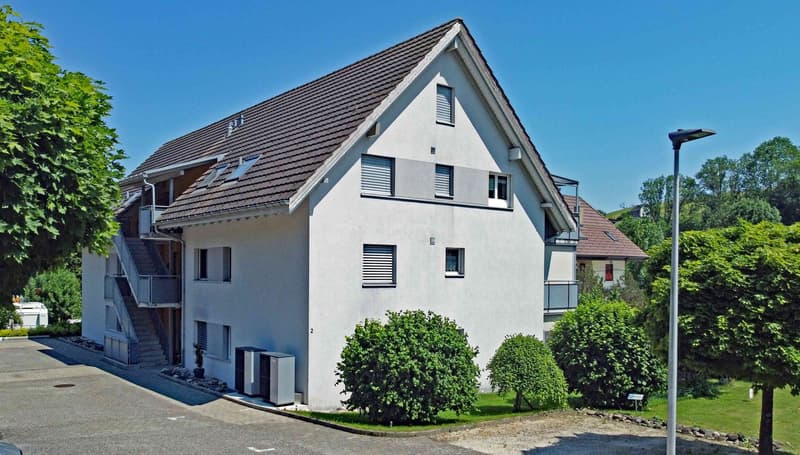 Modern 3 story house, white exterior, brown roof, large windows, exterior stairs, balcony