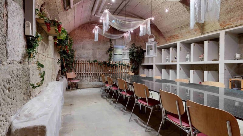 long table, wooden chairs, stone wall, hanging plants, shelves, wooden fence