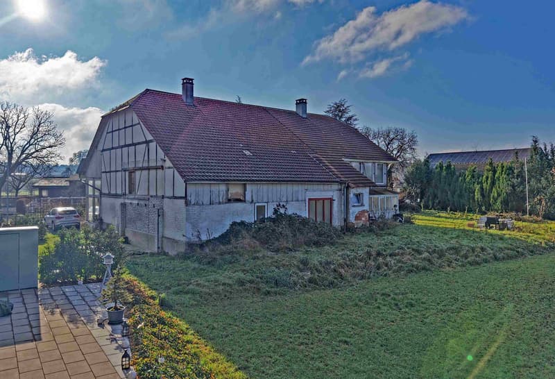 Detached house, red roof, surrounded by a yard with plants, bushes, and trees.