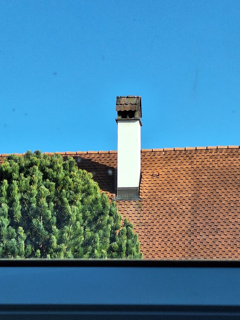 brown roof, white chimney, tree in front