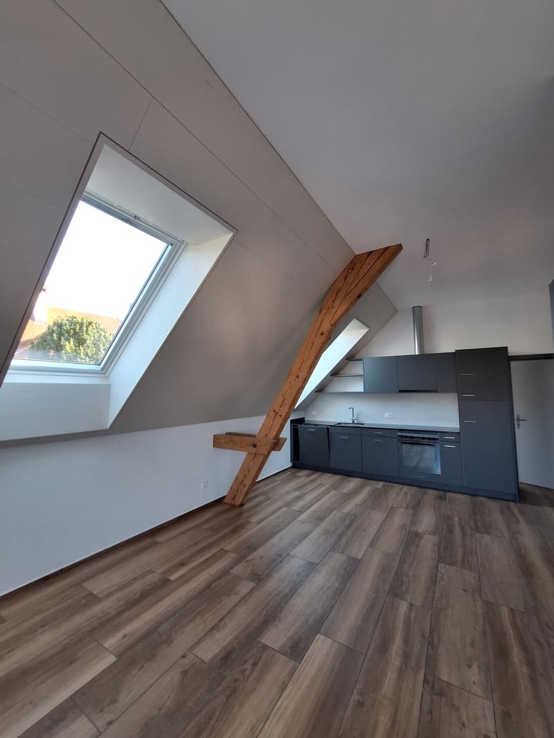 wooden floor, wooden beam, kitchen, sink, oven, window