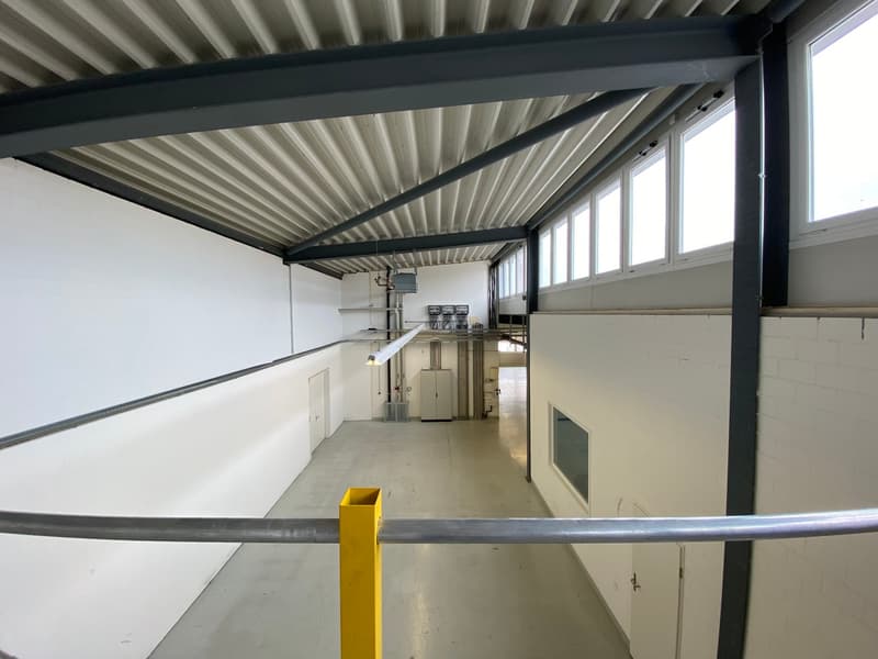 Open industrial building, white walls, metal roofing, fluorescent lights, open floor plan