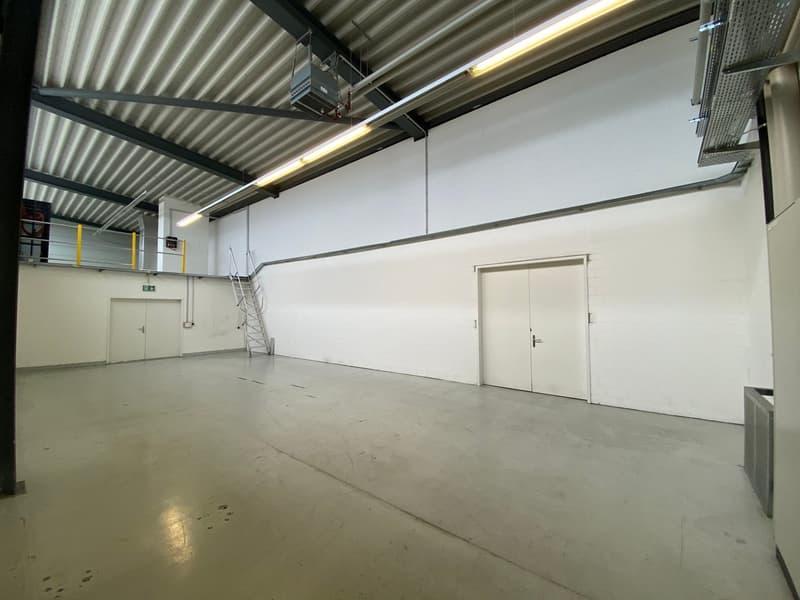 Large industrial building, white walls, concrete floor, two doors, ladder, overhead lights