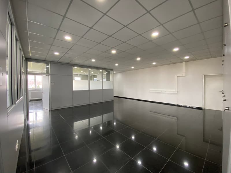 Empty room with glass windows, black tiled floor, square ceiling lights, white walls, doors