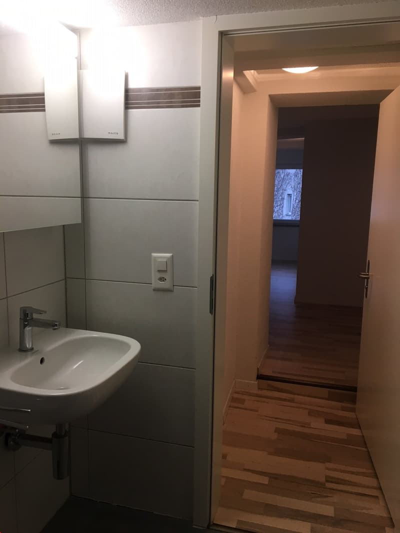 Durchblick vom Badezimmer in Richtung Eingang und Wohnzimmer