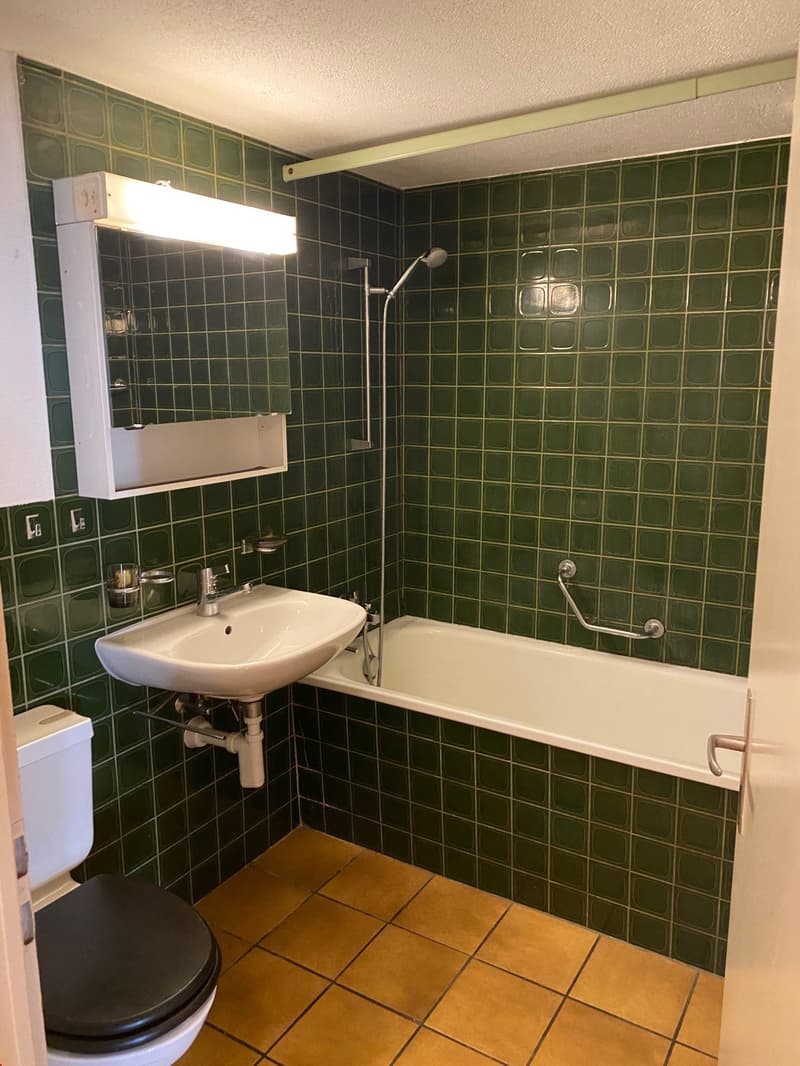 Grosses Badezimmer mit Badewanne, WC, Lavabo und Spiegelschrank