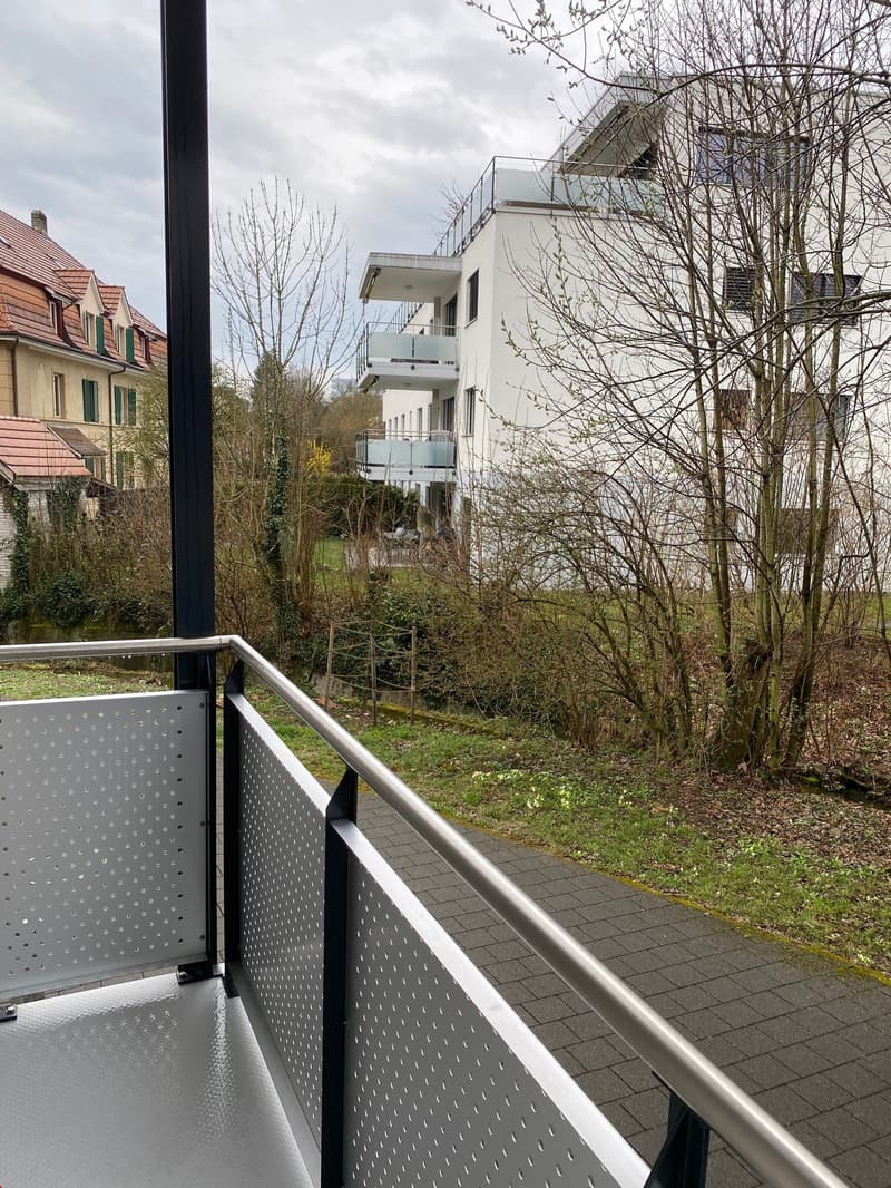 Blick vom Balkon ins grüne Quartier, direkt neben einem kleinen Bächlein