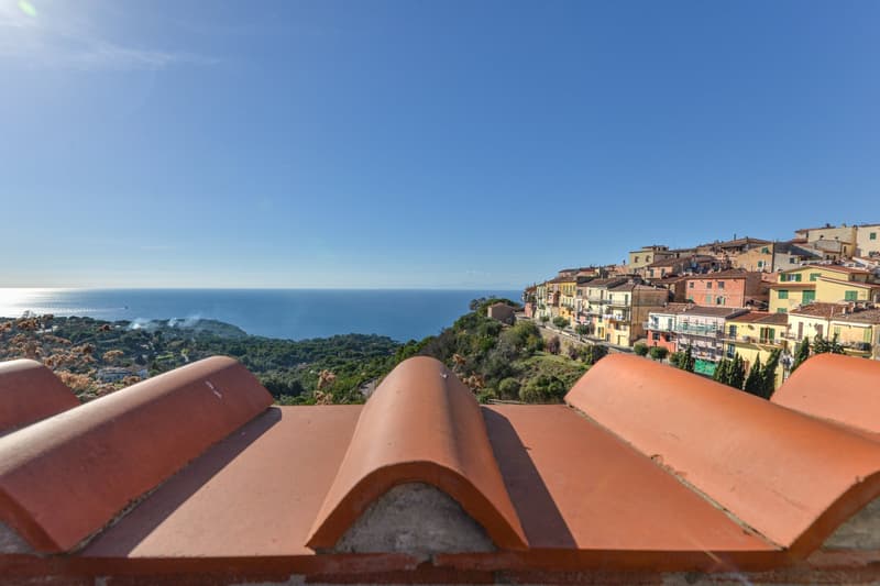 The image shows a picturesque coastal town with colorful buildings nestled on a hillside overlooking the Mediterranean Sea. The rooftops of the buildings are visible in the foreground, with the blue waters of the sea and the green hills in the background.