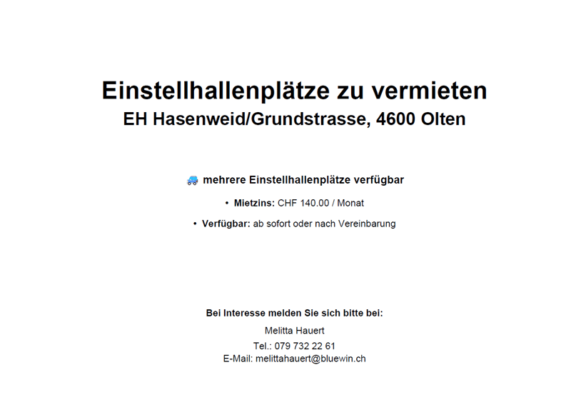 Einstellhallenplätze in Tiefgarage zu vermieten (2)