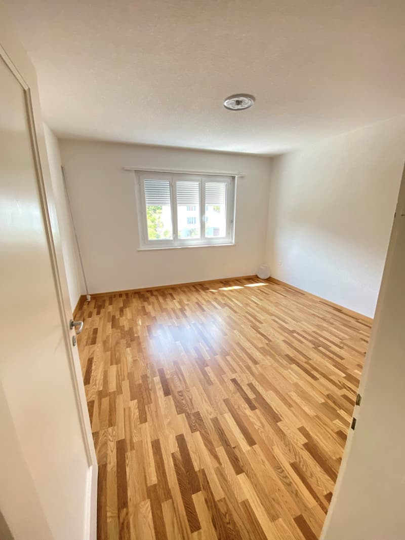 wooden floor, white walls, window, ceiling light