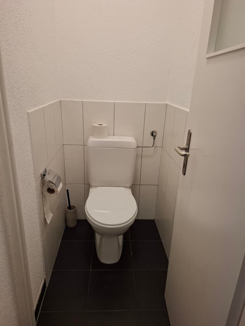 A small and clean bathroom with white tiles, black floor, toilet, and wall mounted toilet paper holder.