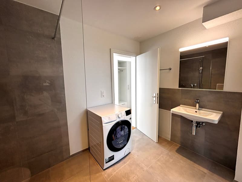 small bathroom with washing machine, sink, mirror, and small closet