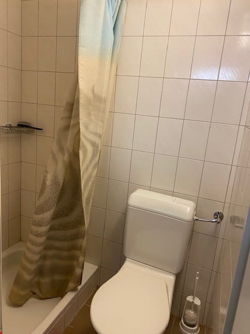 Bathroom with white tiles, bathtub, toilet, shower curtain, and a toilet brush