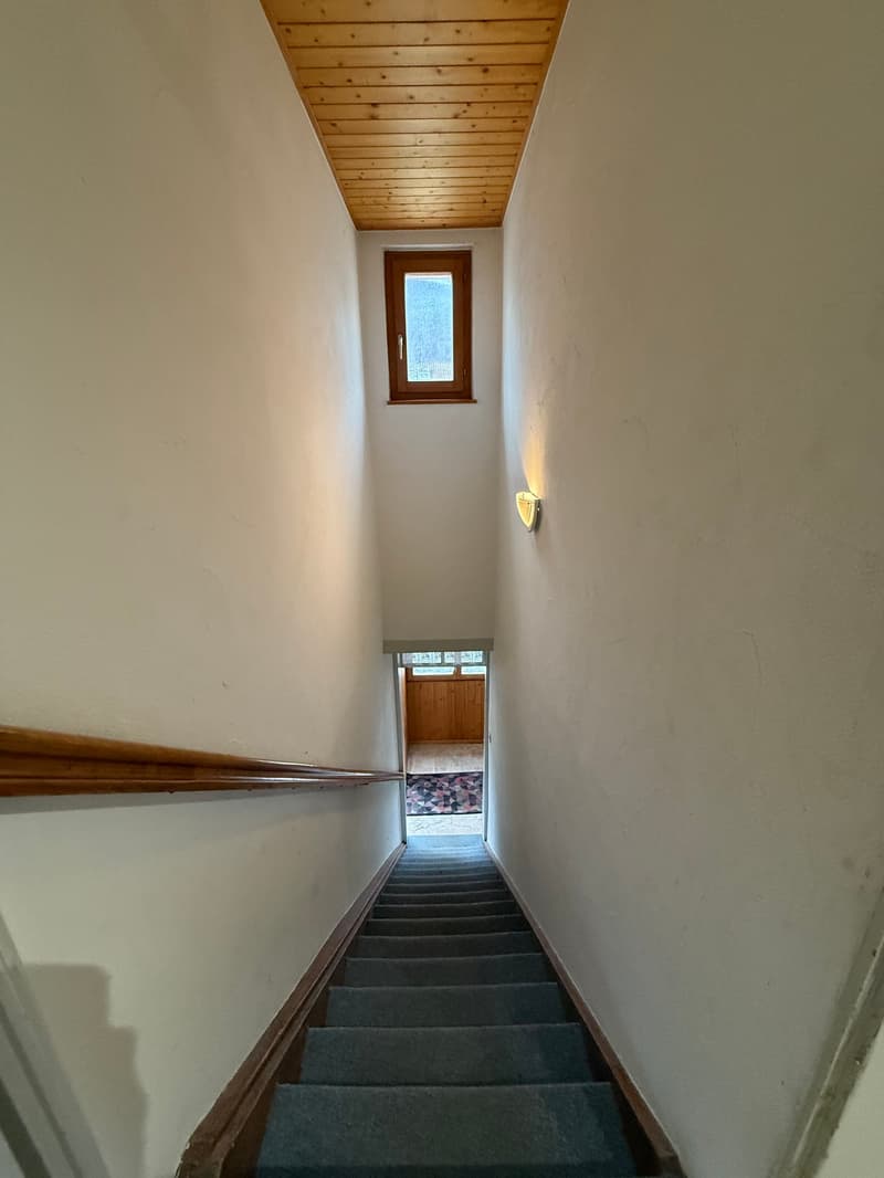 A corridor with a wooden ceiling, white walls, and a carpeted staircase leading to a wooden door.