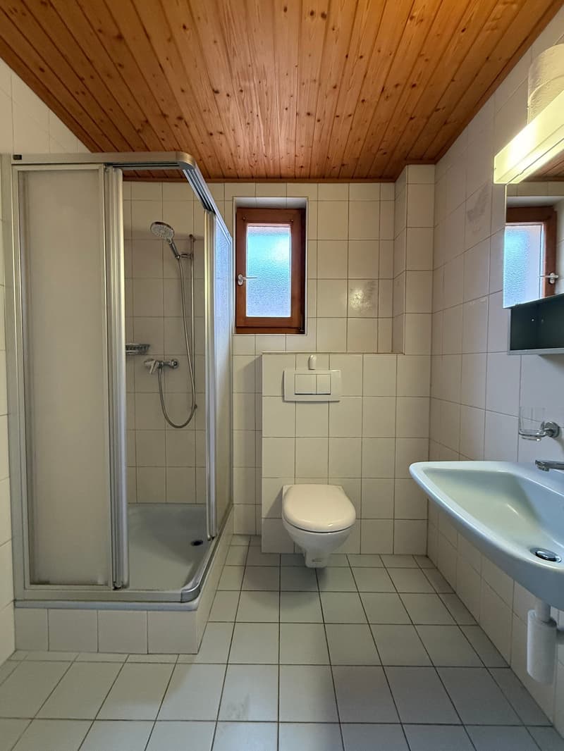 Bathroom with white tiles, a shower, toilet, and sink. The shower has a shower head and a soap dish. The toilet is white, and the sink is white with a faucet. There is a mirror on the wall above the sink.