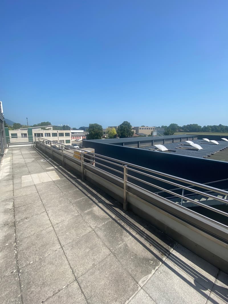 Flat rooftop, metal railings, concrete tiles, urban buildings in the background, and trees.