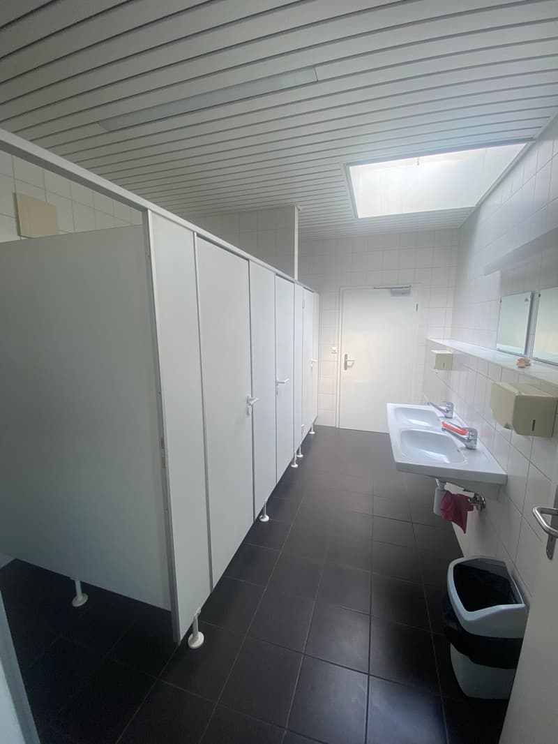 white walls, black tiled floor, white sinks, white toilet stalls, mirror, dispensers, skylight