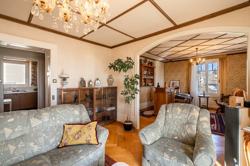 wooden floor, chandelier, wooden furniture, carpet, sofa, armchair, wooden cabinet, potted plant, decorative items, lamp