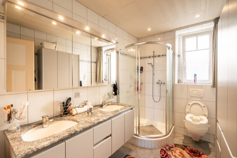 white marble countertops, 2 sinks, large mirror, shower cubicle, toilet, large window