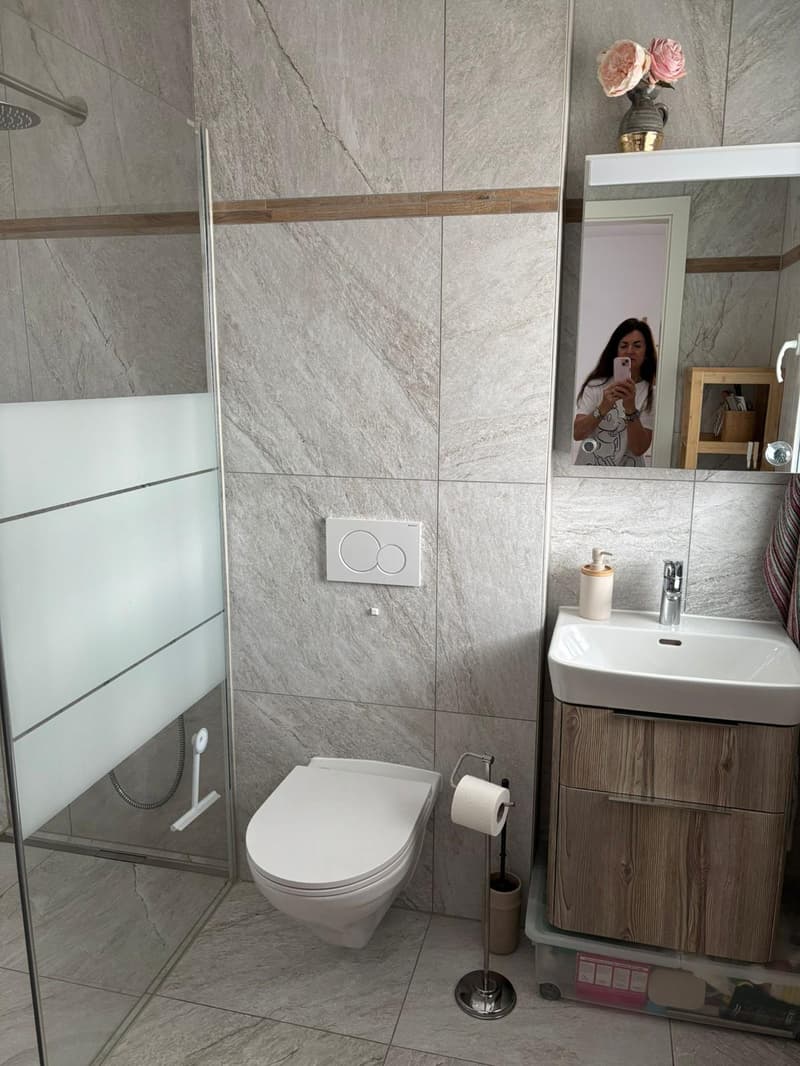 The bathroom features a toilet, a shower with a glass door, a vanity with a sink, a toilet paper holder, and a mirror. The floor and walls are tiled.
