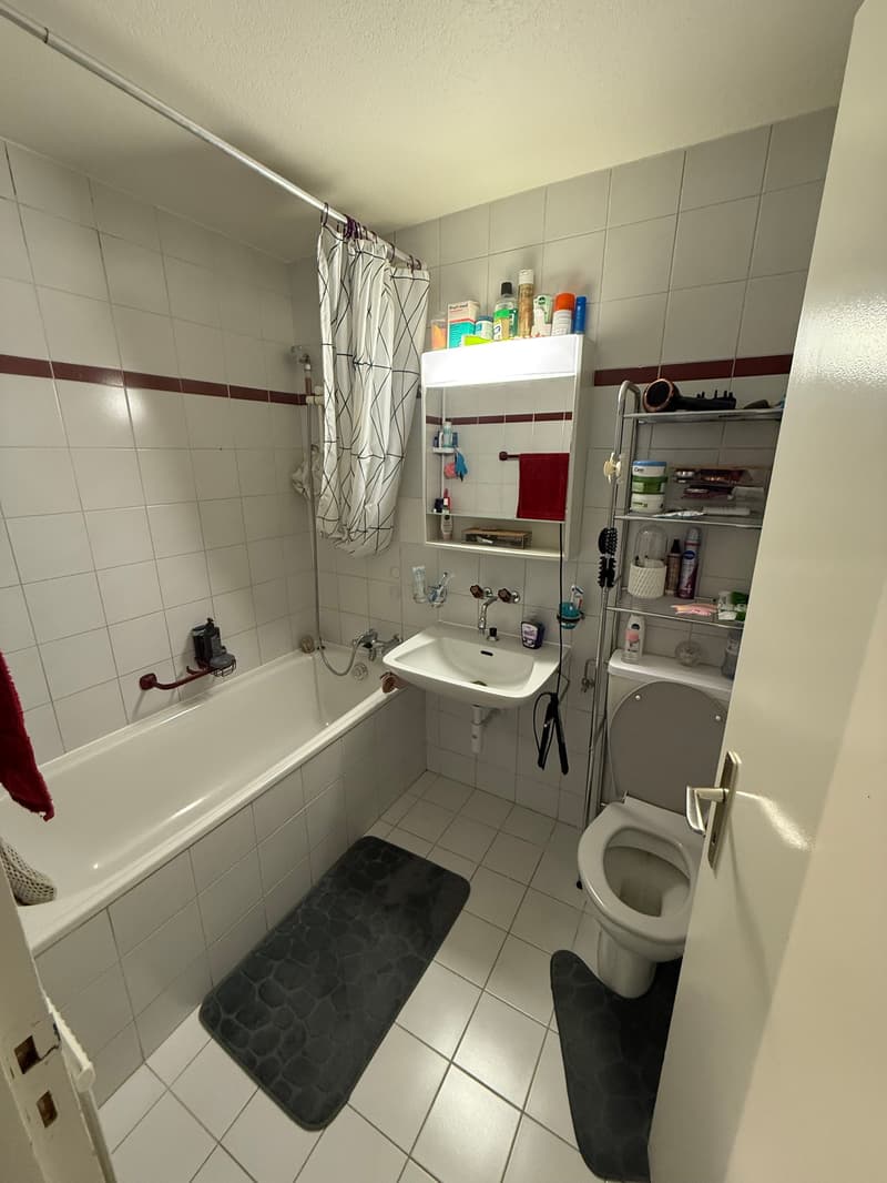 Bathroom with bathtub, sink, toilet, shelves, and towels