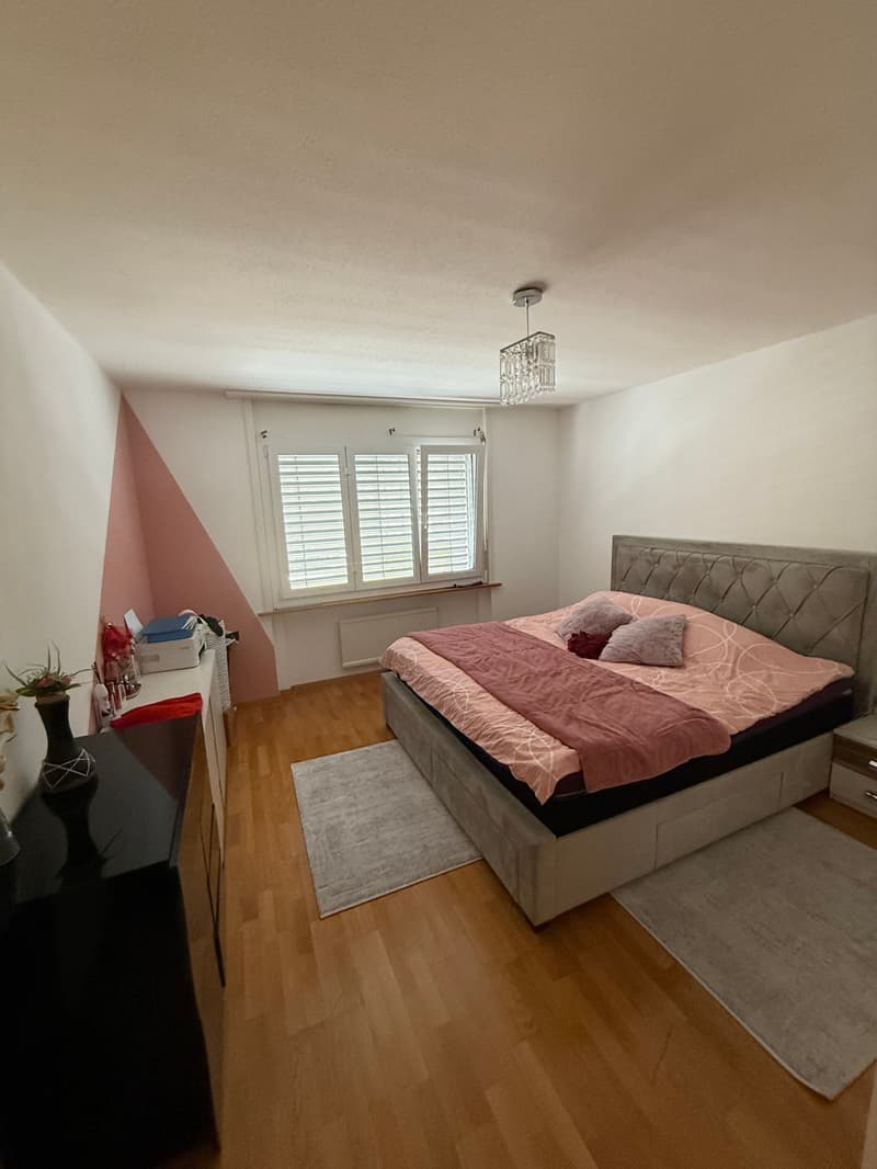Bedroom with bed, two pillows, bedspread, two rugs, wooden floor, white walls, window with shutters, ceiling lamp, nightstand with vase and flower, cabinet with storage box, radiator