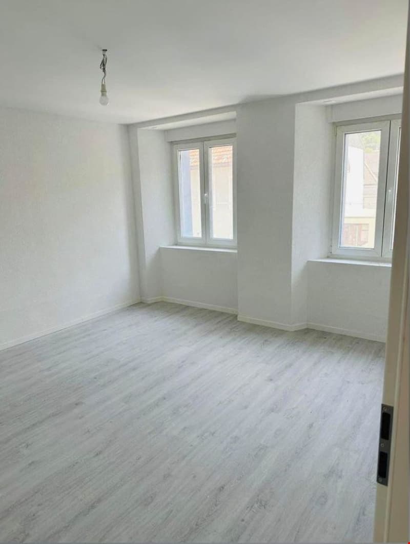 Empty room with white walls, wooden floor, two windows, and a ceiling light
