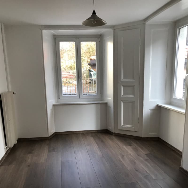 Empty room, white walls, wooden floor, two windows, radiator