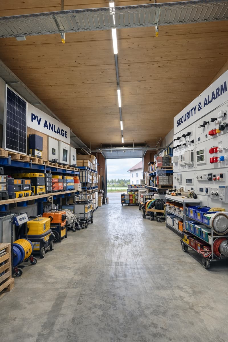 Warehouse with solar panels, shelves with various equipment, trolleys, and a large open space.