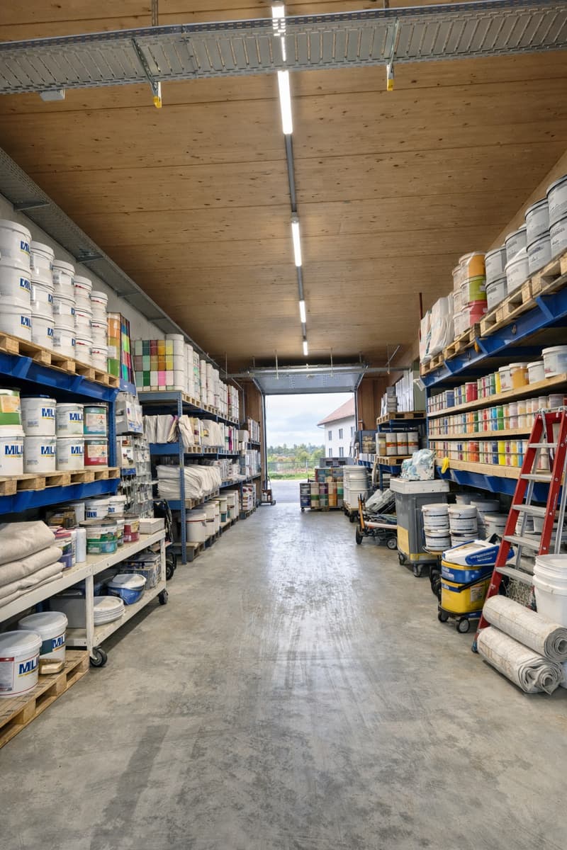 Warehouse with wooden ceiling, concrete floor, shelves with paint cans, buckets, and other materials, trolleys, ladder