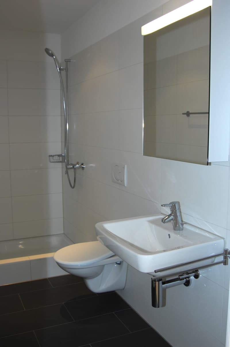 modern bathroom with white tiles, white toilet, white sink, shower head, mirror