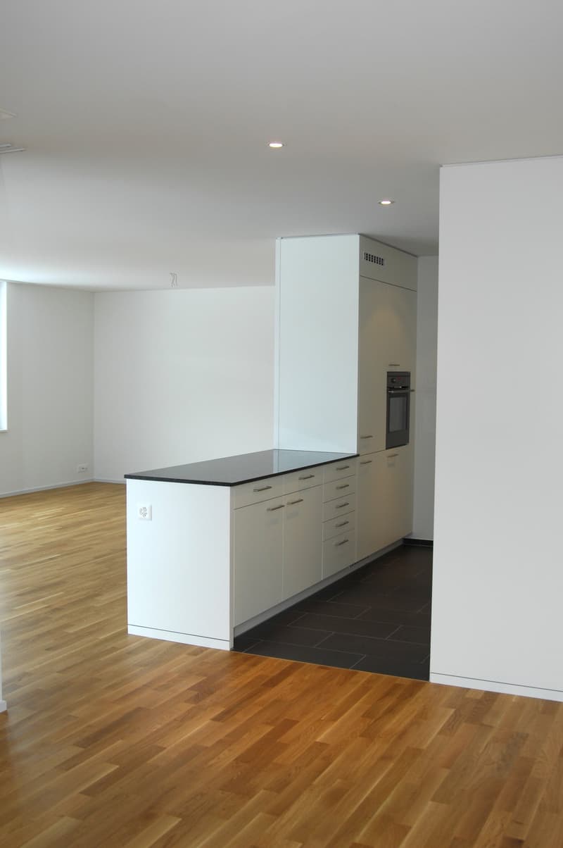 modern kitchen with white cabinets, black countertop, built-in oven, wooden floor