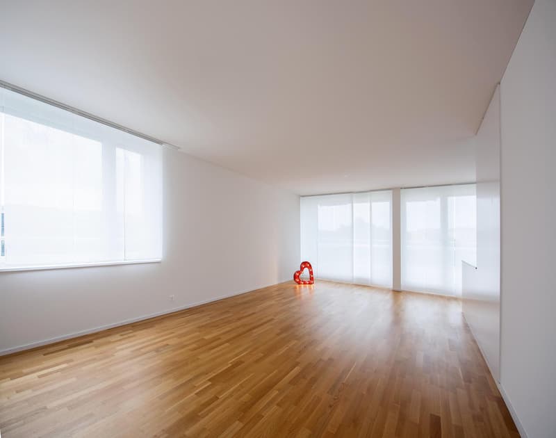 Empty room, hardwood floors, white walls, large windows, red heart decoration