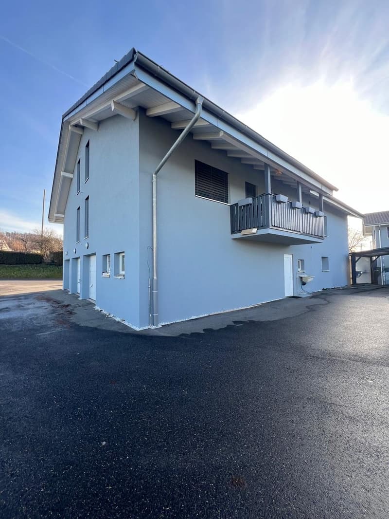 2 story blue house, 3 garages, balcony on second floor, drainpipe