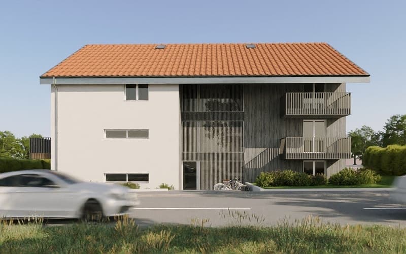 Two story house, red roof, white exterior, balcony on second floor, windows with white frames