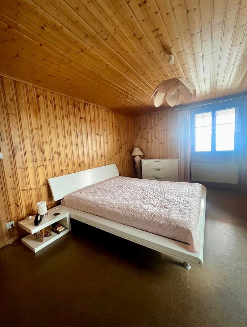 bed, lamp, nightstand, wooden wall, white cabinet, window, ceiling lamp