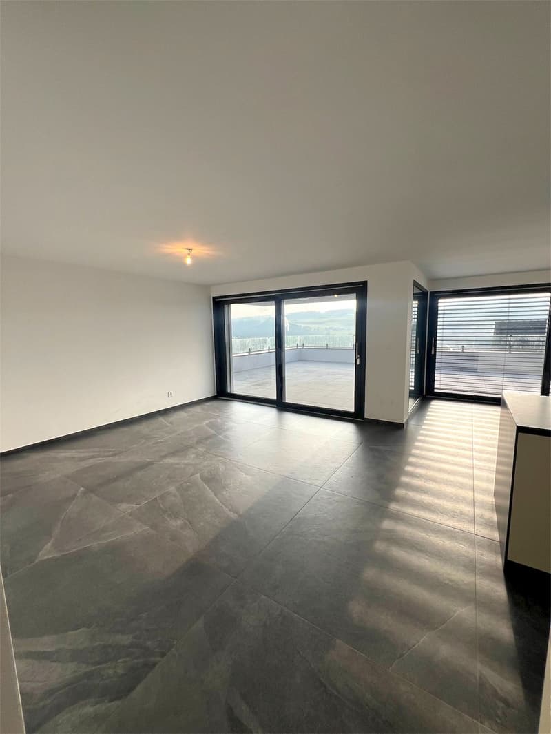 empty room, large windows, balcony, tiled floor, white walls, ceiling light