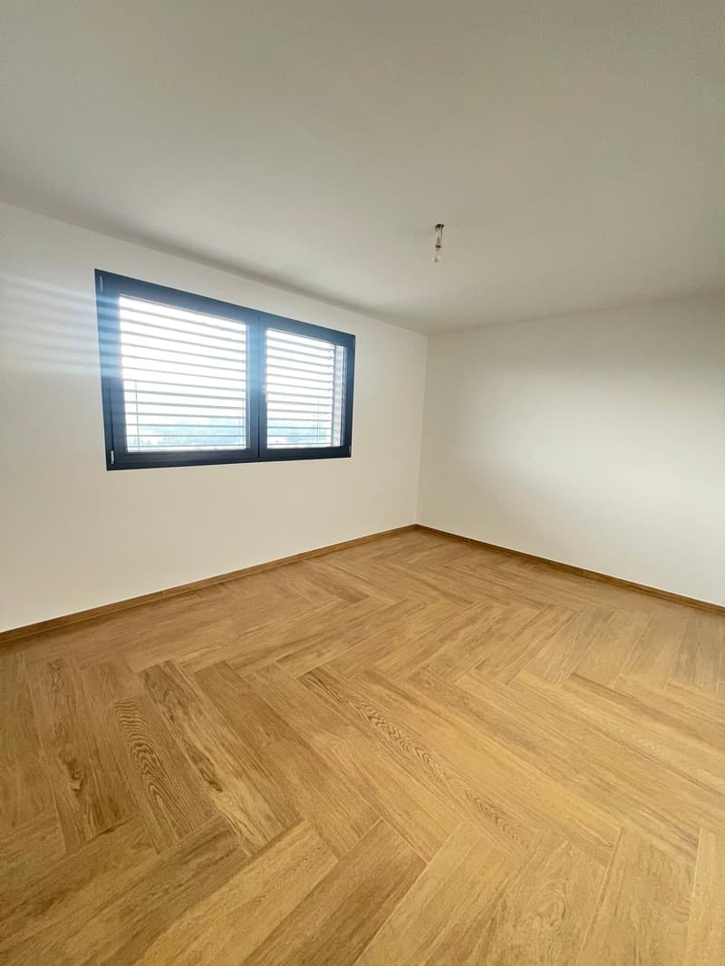 empty room, wooden floor, white walls, large window, view of the outside