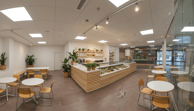 modern interior, wooden counter, white tables and chairs, potted plants, glass walls, ceiling lights