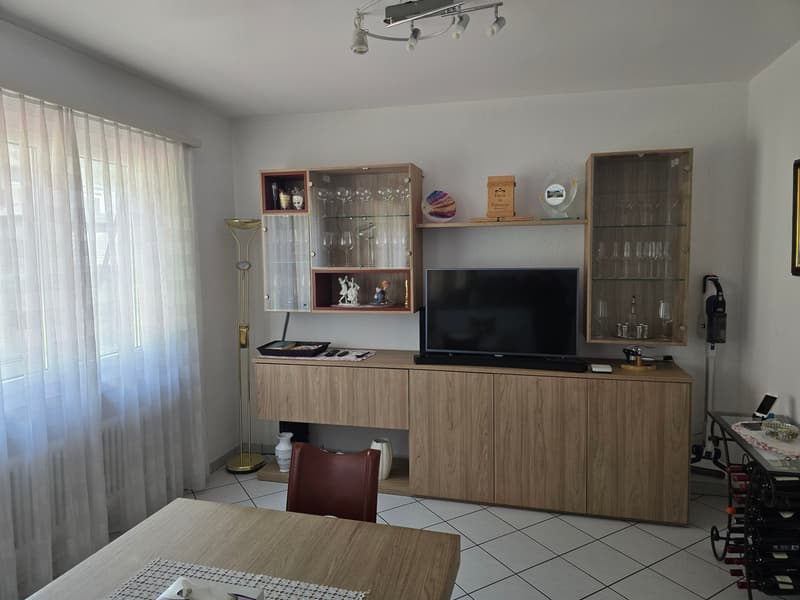 Living room with wooden cabinet, TV, wine rack, chair, table, floor lamp, white curtains