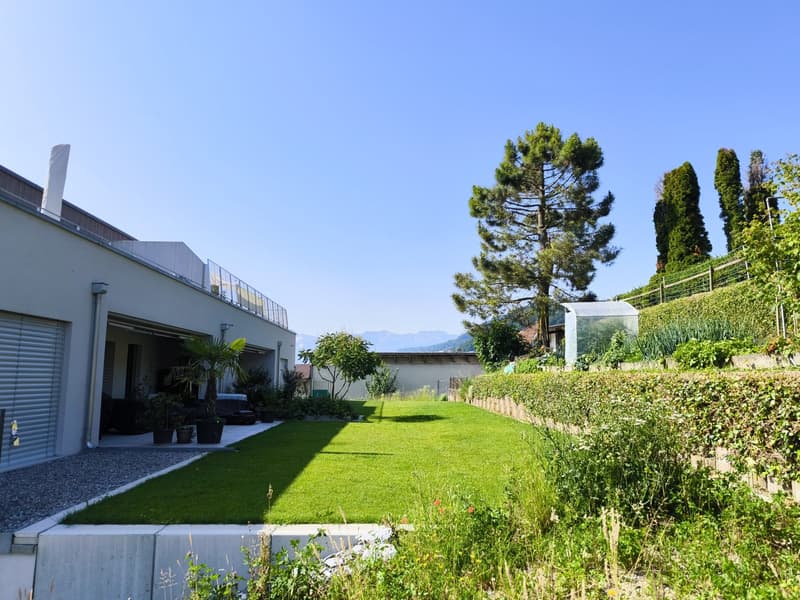 A well-maintained garden with a green lawn, a palm tree, and a bench. The garden is surrounded by a concrete wall and has a small greenhouse. The house has a garage with a car parked in front.
